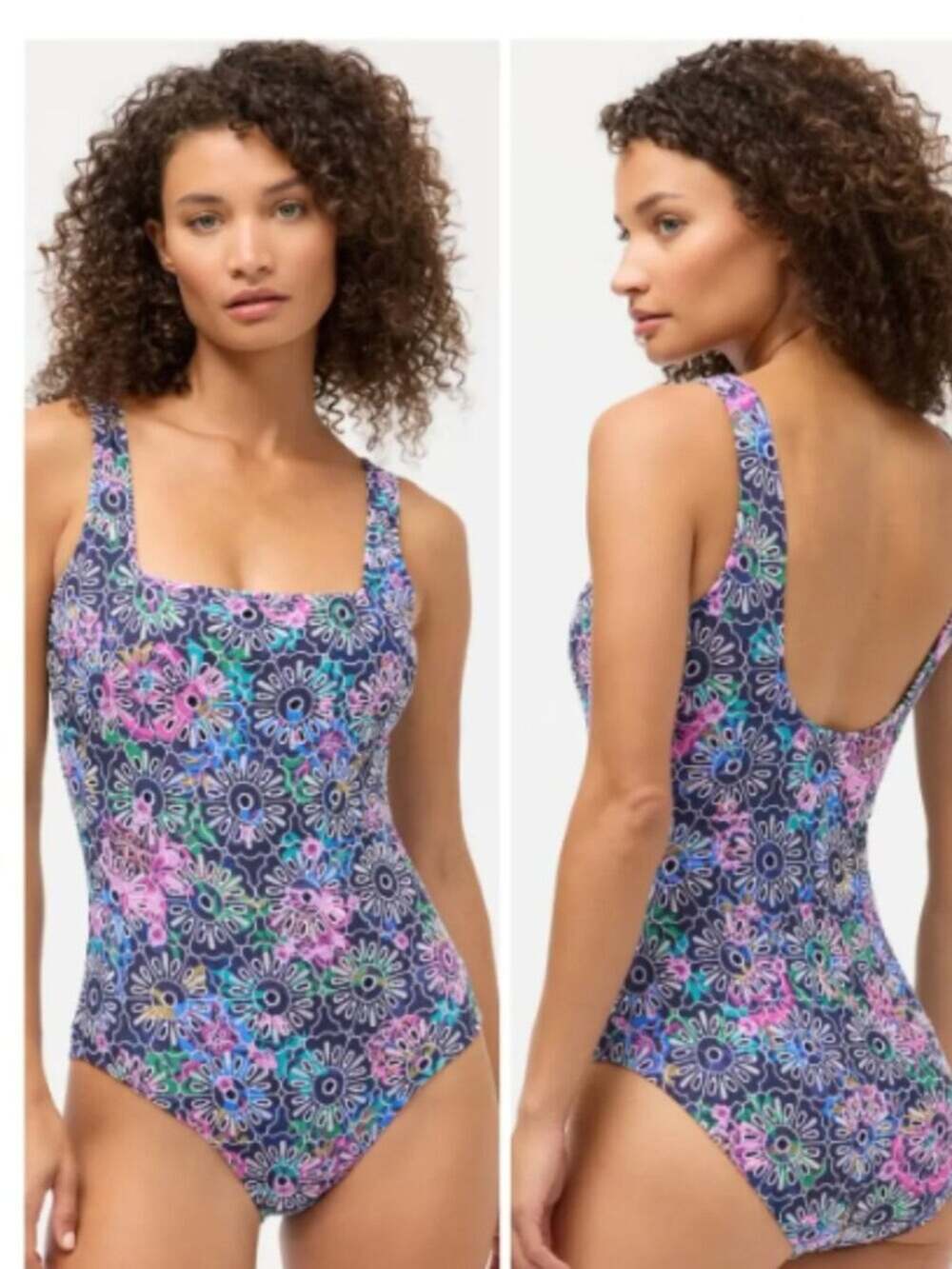 Johnny Was Navy Melia Eyelet Square Neck Floral One Piece Swimsuit Sz XXL